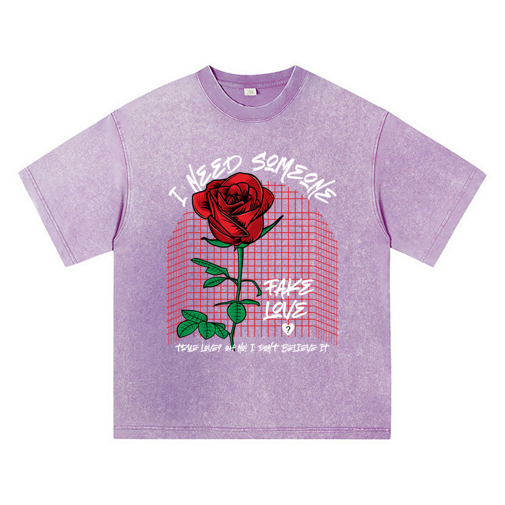 270GSM Heavy Cotton T-SHirt ACID Tees Washed Vintage T-Shirts Rose Flower DTG Print TShirts