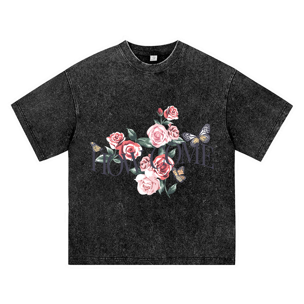 270GSM Heavy Cotton T-SHirt ACID Tees Washed Vintage T-Shirts Roses Butterflies DTG Print TShirts