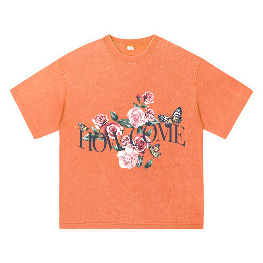 270GSM Heavy Cotton T-SHirt ACID Tees Washed Vintage T-Shirts Roses Butterflies DTG Print TShirts