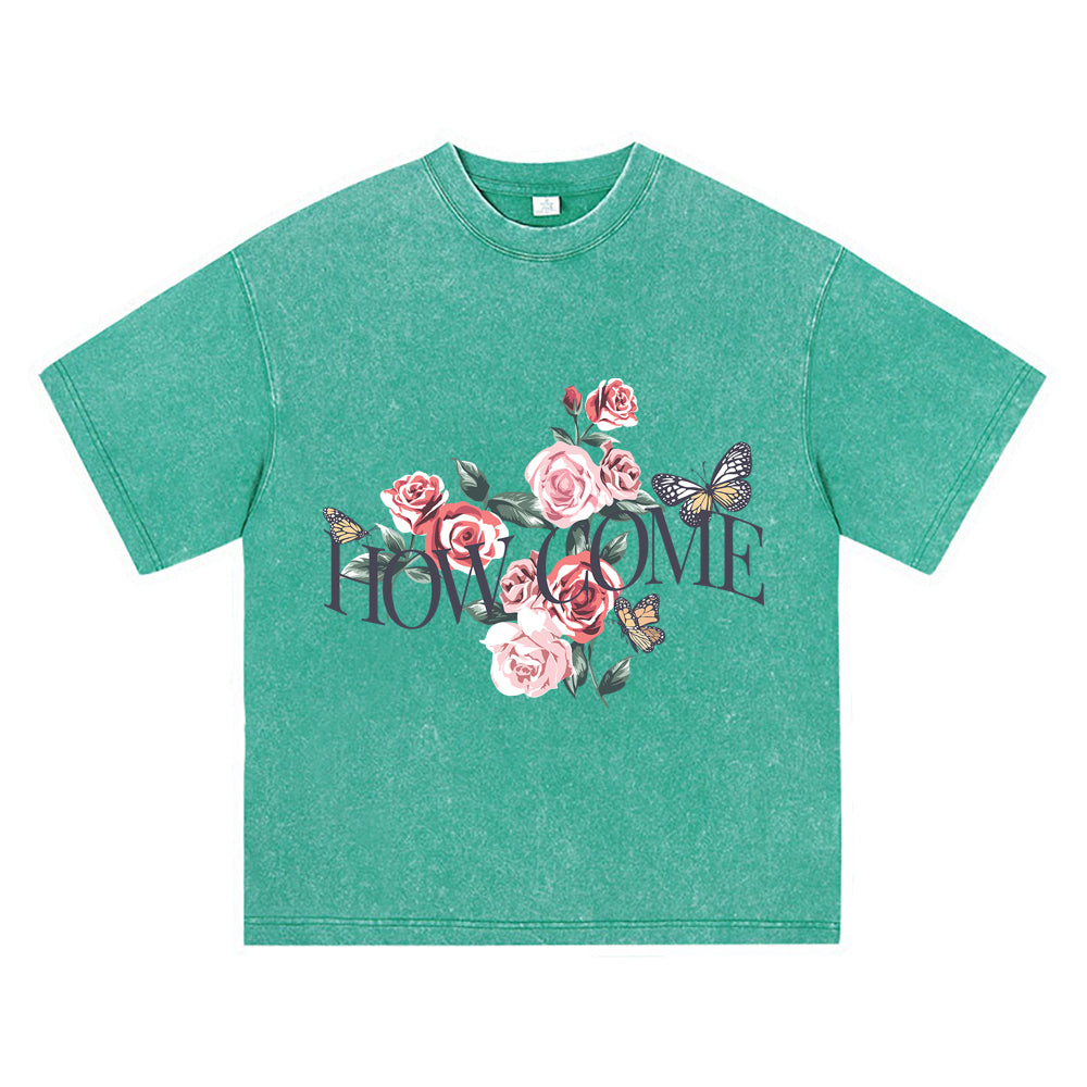 270GSM Heavy Cotton T-SHirt ACID Tees Washed Vintage T-Shirts Roses Butterflies DTG Print TShirts