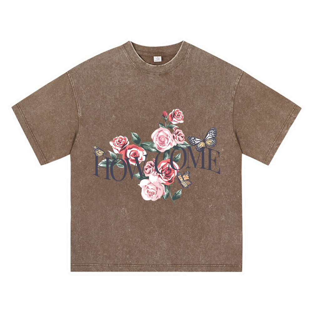 270GSM Heavy Cotton T-SHirt ACID Tees Washed Vintage T-Shirts Roses Butterflies DTG Print TShirts