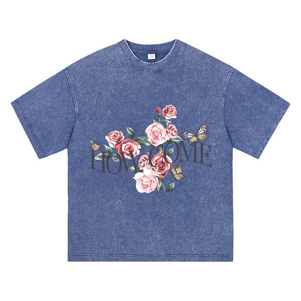 270GSM Heavy Cotton T-SHirt ACID Tees Washed Vintage T-Shirts Roses Butterflies DTG Print TShirts