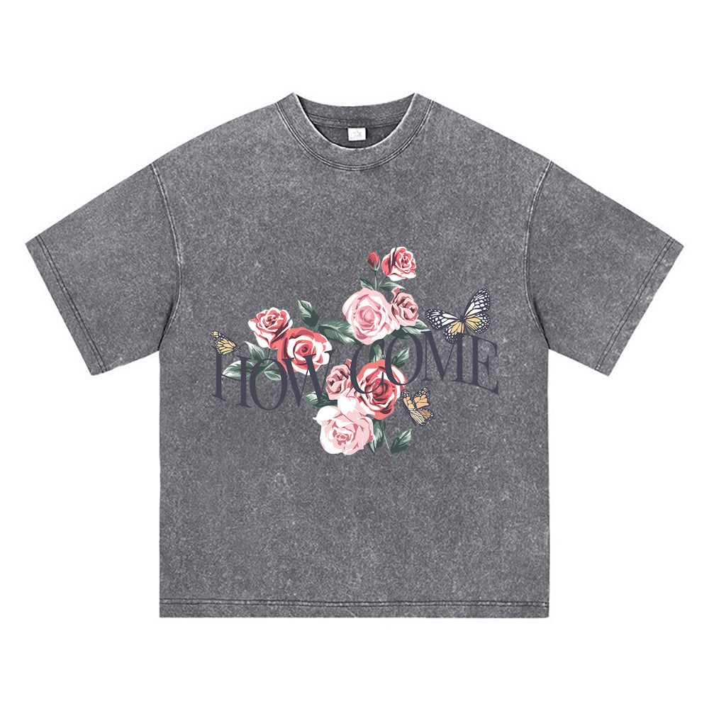 270GSM Heavy Cotton T-SHirt ACID Tees Washed Vintage T-Shirts Roses Butterflies DTG Print TShirts