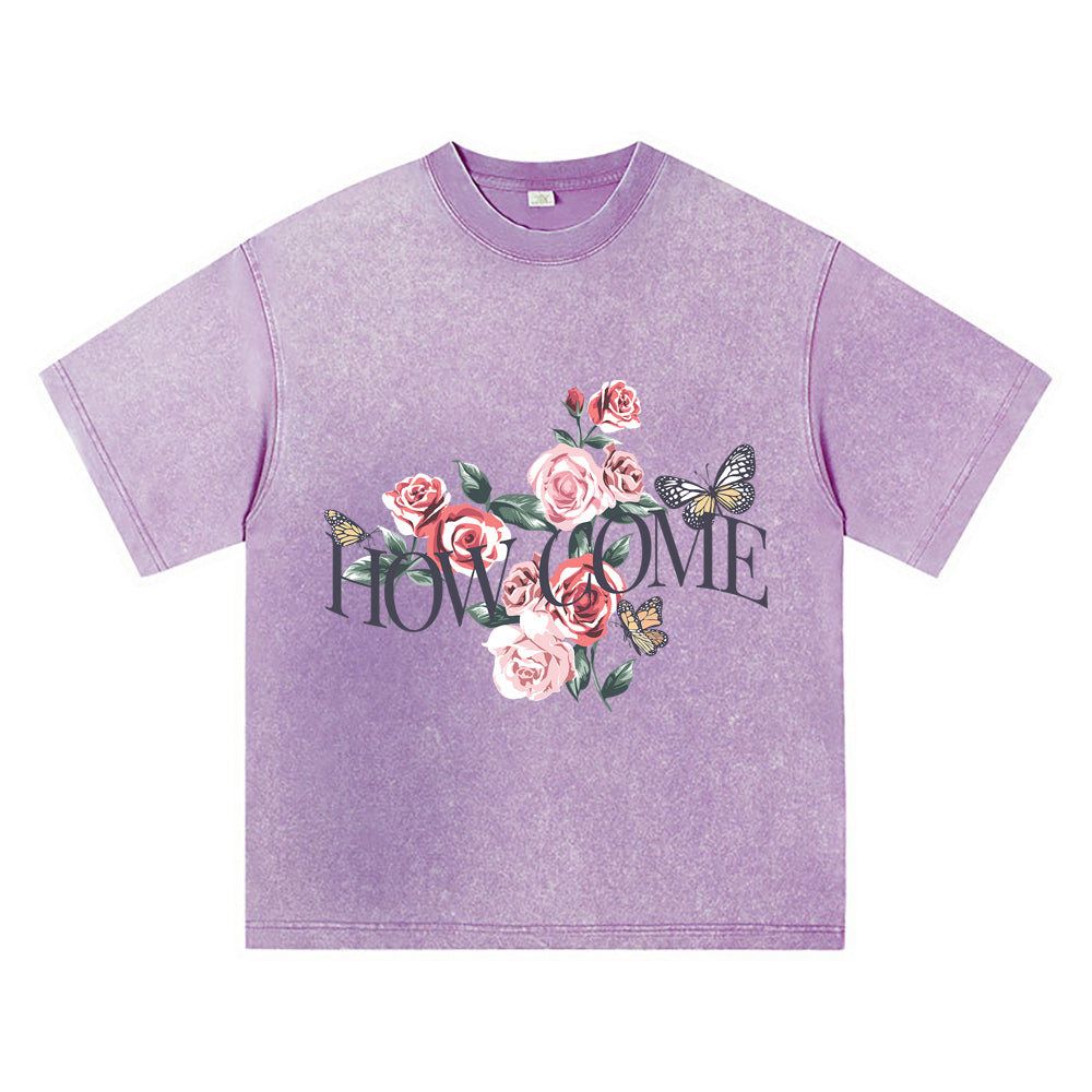 270GSM Heavy Cotton T-SHirt ACID Tees Washed Vintage T-Shirts Roses Butterflies DTG Print TShirts