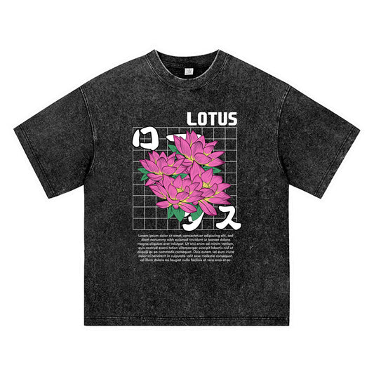 270GSM Heavy Cotton T-SHirt ACID Tees Washed Vintage T-Shirts Lotus DTG Print TShirts