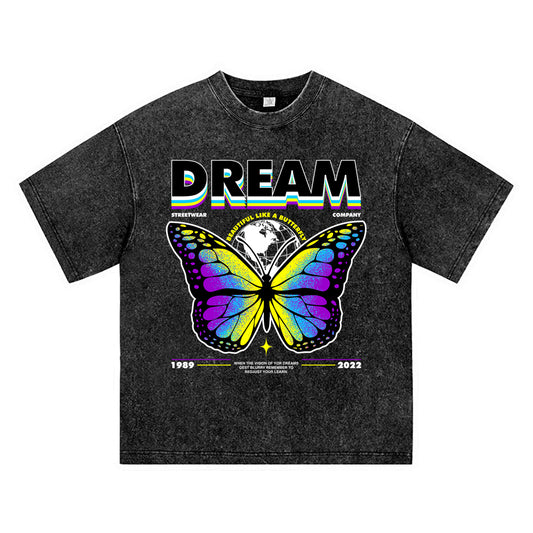 270GSM Heavy Cotton T-SHirt ACID Tees Washed Vintage T-Shirts Dream Butterfly DTG Print TShirts