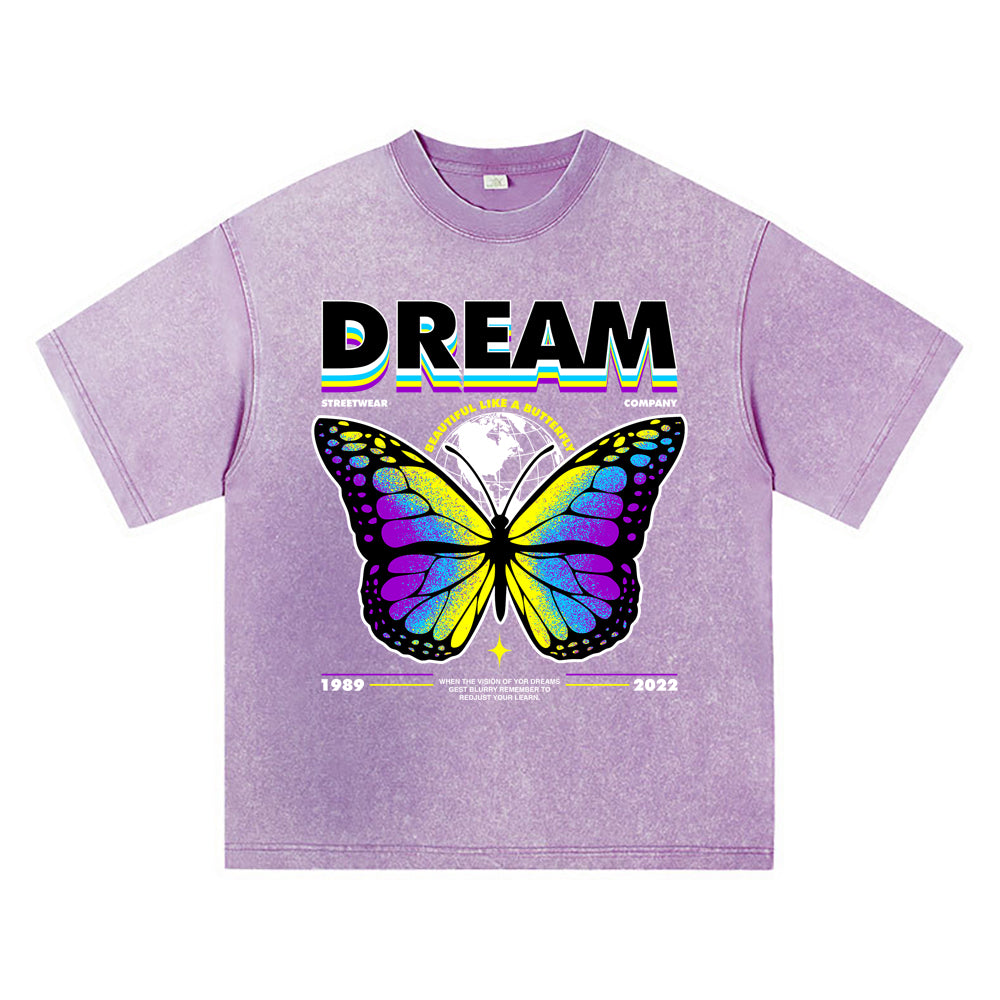 270GSM Heavy Cotton T-SHirt ACID Tees Washed Vintage T-Shirts Dream Butterfly DTG Print TShirts