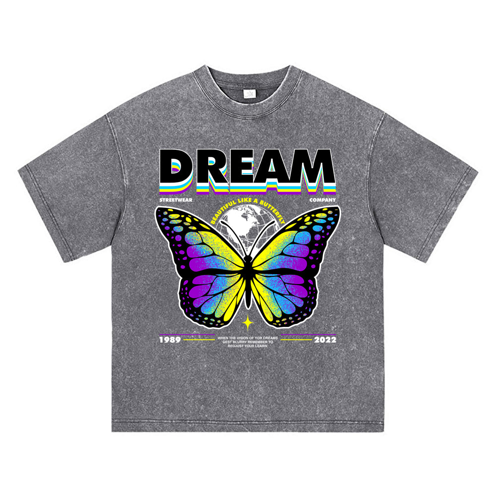 270GSM Heavy Cotton T-SHirt ACID Tees Washed Vintage T-Shirts Dream Butterfly DTG Print TShirts