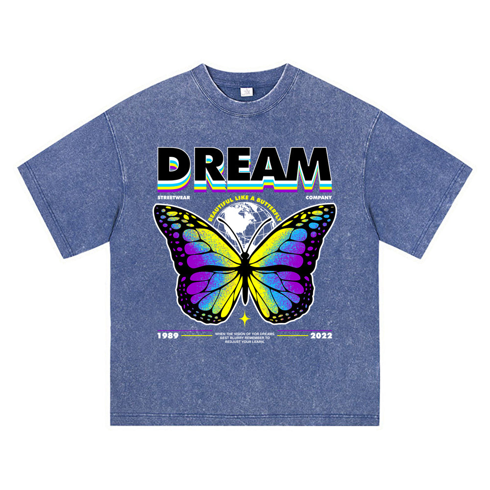 270GSM Heavy Cotton T-SHirt ACID Tees Washed Vintage T-Shirts Dream Butterfly DTG Print TShirts