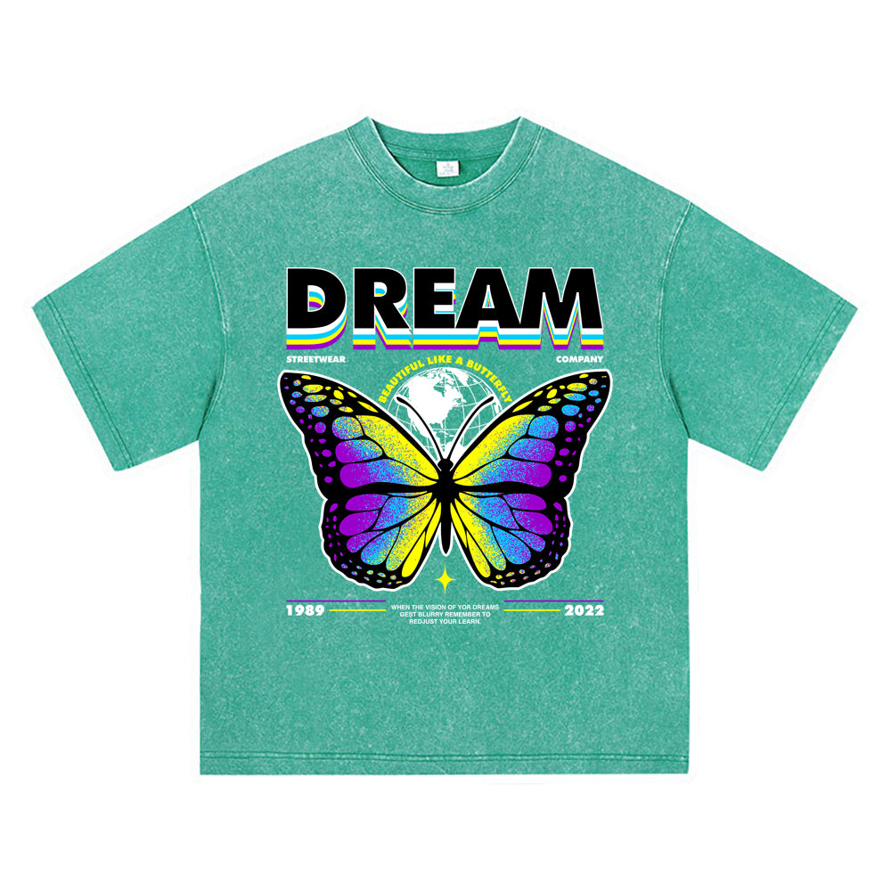 270GSM Heavy Cotton T-SHirt ACID Tees Washed Vintage T-Shirts Dream Butterfly DTG Print TShirts