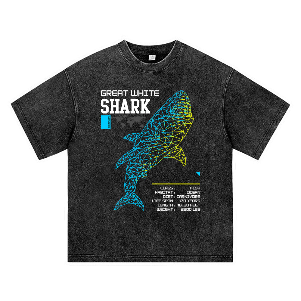 270GSM Heavy Cotton T-SHirt ACID Tees Washed Vintage T-Shirts Great White Shark DTG Print TShirts