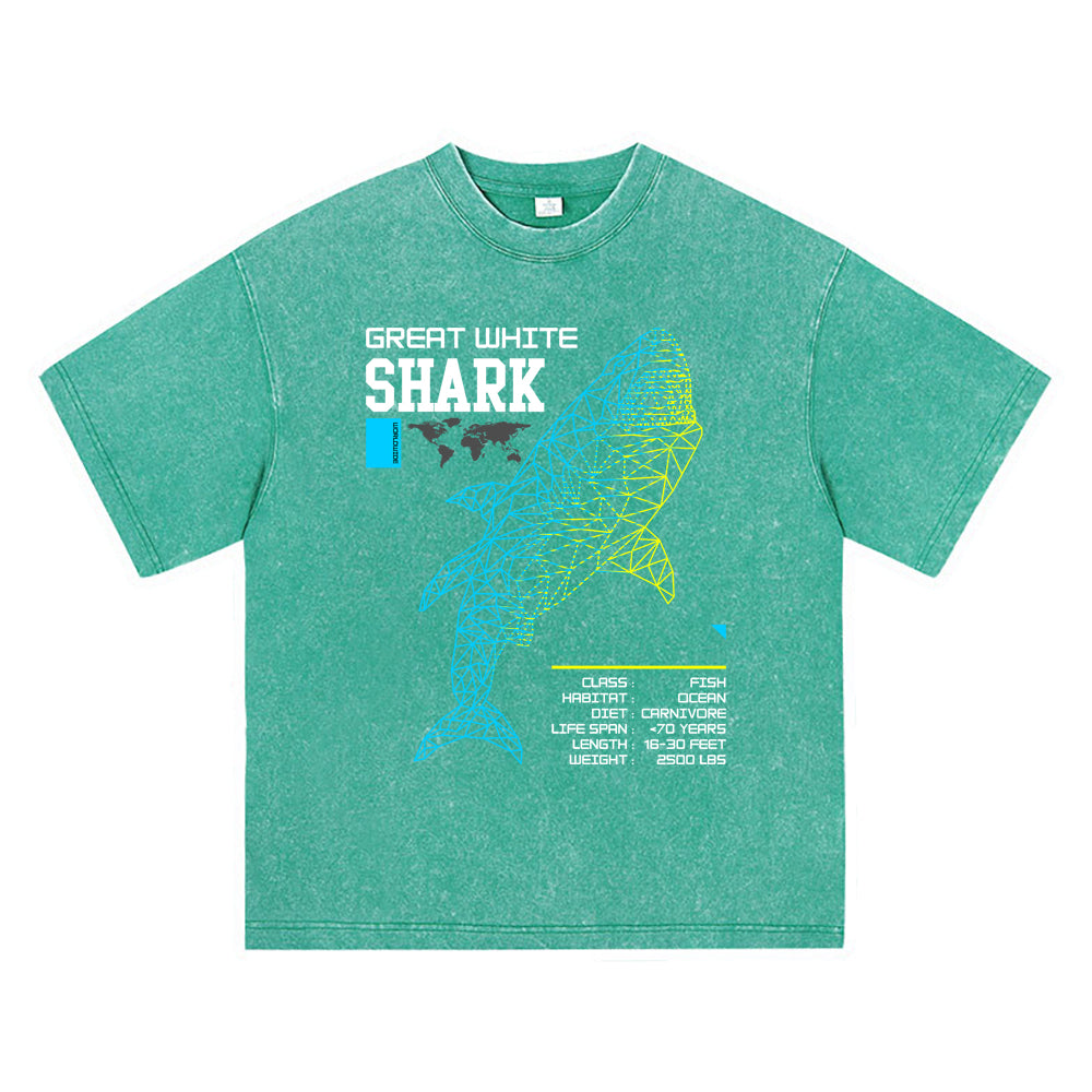 270GSM Heavy Cotton T-SHirt ACID Tees Washed Vintage T-Shirts Great White Shark DTG Print TShirts