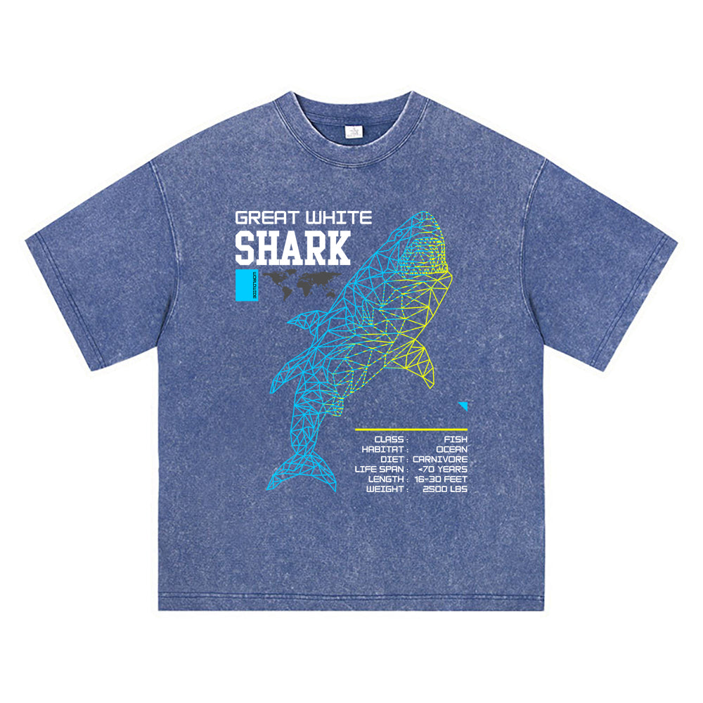 270GSM Heavy Cotton T-SHirt ACID Tees Washed Vintage T-Shirts Great White Shark DTG Print TShirts