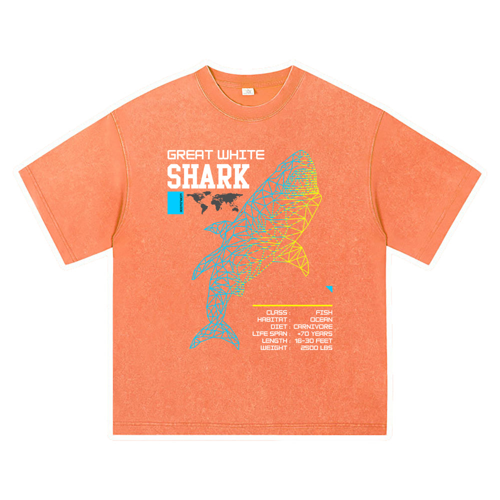 270GSM Heavy Cotton T-SHirt ACID Tees Washed Vintage T-Shirts Great White Shark DTG Print TShirts