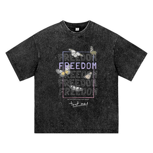 270GSM Heavy Cotton T-SHirt ACID Tees Washed Vintage T-Shirts Freedom With Butterflies DTG Print TShirts