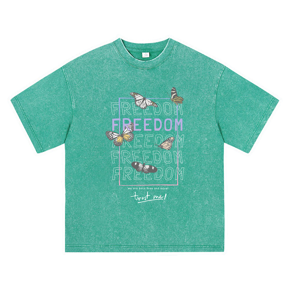 270GSM Heavy Cotton T-SHirt ACID Tees Washed Vintage T-Shirts Freedom With Butterflies DTG Print TShirts