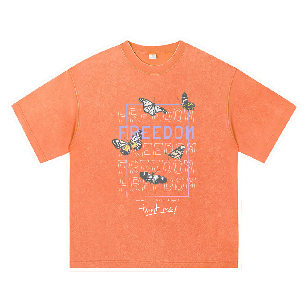 270GSM Heavy Cotton T-SHirt ACID Tees Washed Vintage T-Shirts Freedom With Butterflies DTG Print TShirts