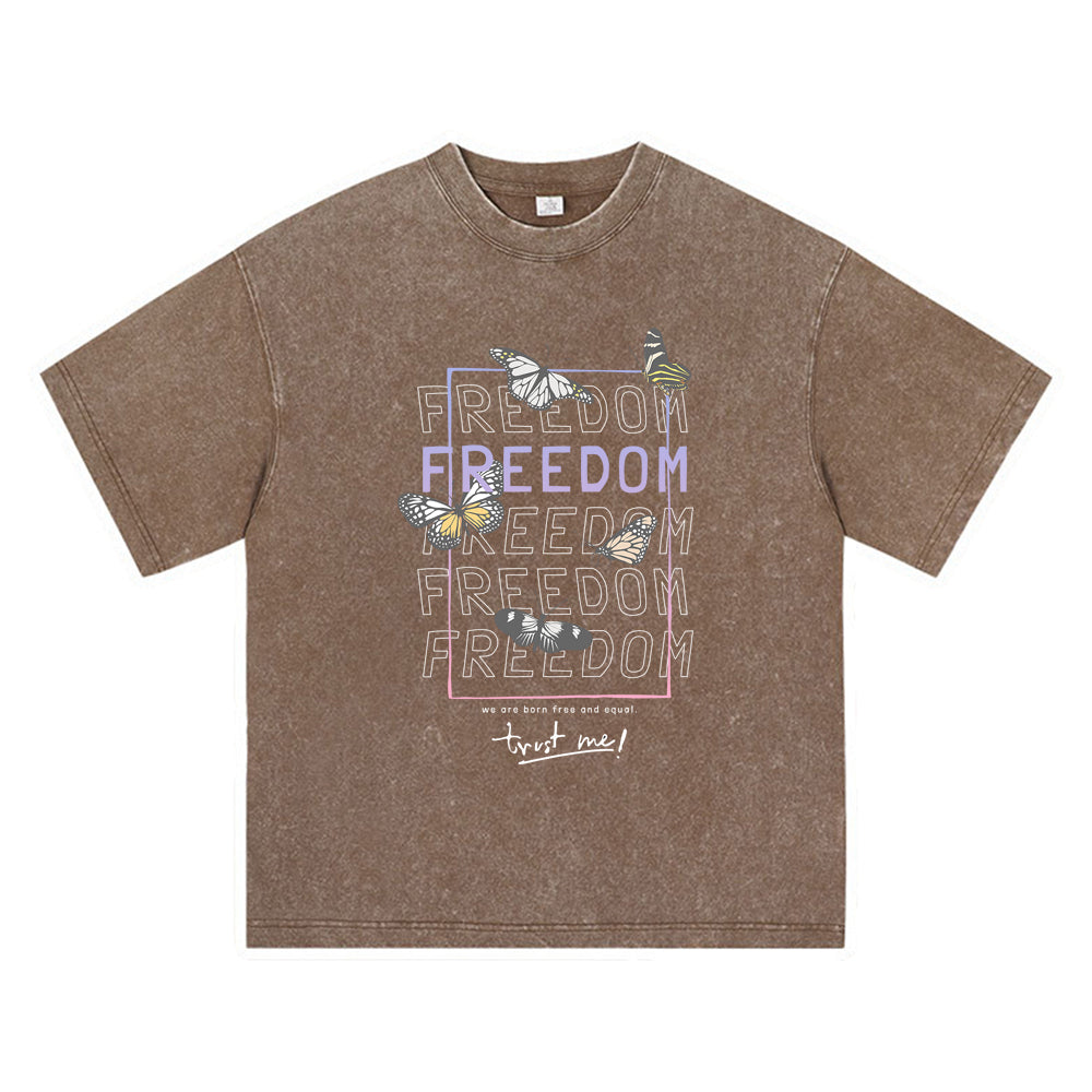 270GSM Heavy Cotton T-SHirt ACID Tees Washed Vintage T-Shirts Freedom With Butterflies DTG Print TShirts