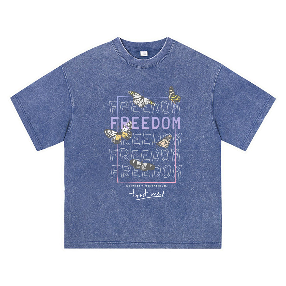 270GSM Heavy Cotton T-SHirt ACID Tees Washed Vintage T-Shirts Freedom With Butterflies DTG Print TShirts