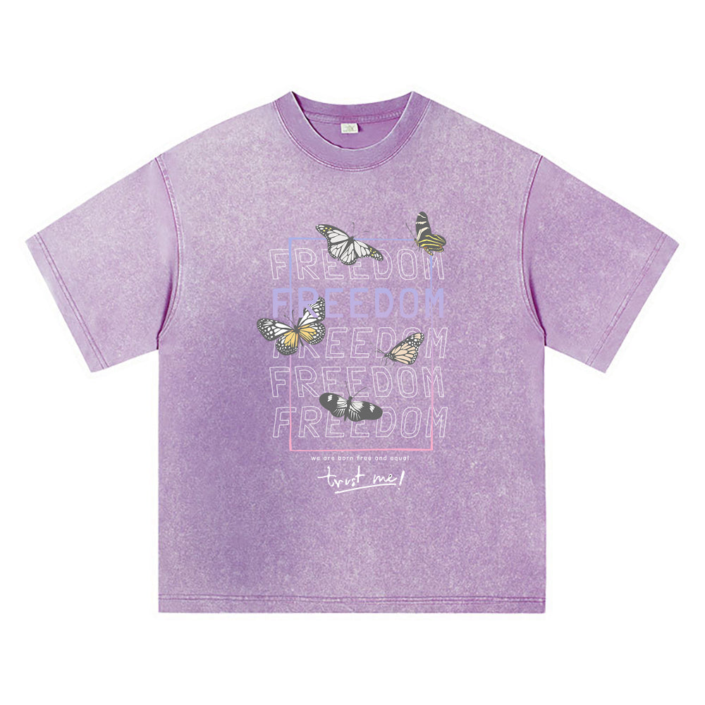 270GSM Heavy Cotton T-SHirt ACID Tees Washed Vintage T-Shirts Freedom With Butterflies DTG Print TShirts