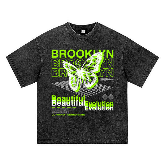 270GSM Heavy Cotton T-SHirt ACID Tees Washed Vintage T-Shirts Brooklyn Beautiful Evolution DTG Print TShirts