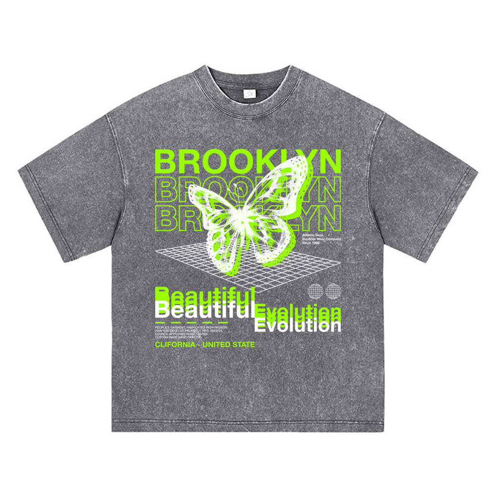 270GSM Heavy Cotton T-SHirt ACID Tees Washed Vintage T-Shirts Brooklyn Beautiful Evolution DTG Print TShirts