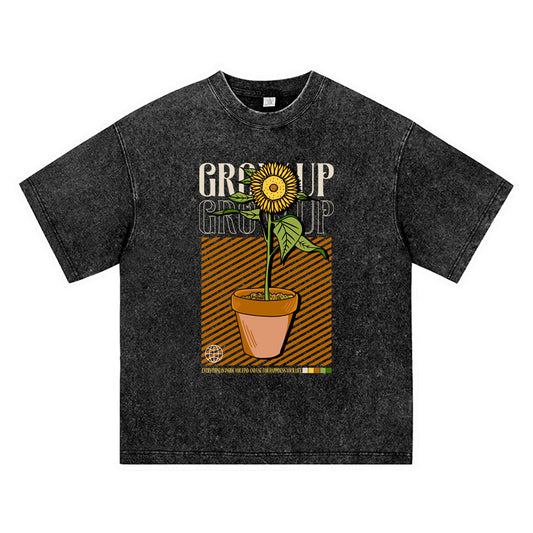 270GSM Heavy Cotton T-SHirt ACID Tees Washed Vintage T-Shirts Grow Up Sunflower DTG Print TShirts