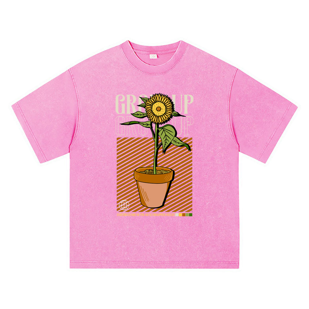 270GSM Heavy Cotton T-SHirt ACID Tees Washed Vintage T-Shirts Grow Up Sunflower DTG Print TShirts