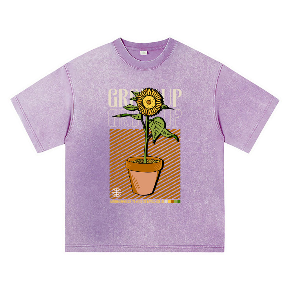 270GSM Heavy Cotton T-SHirt ACID Tees Washed Vintage T-Shirts Grow Up Sunflower DTG Print TShirts