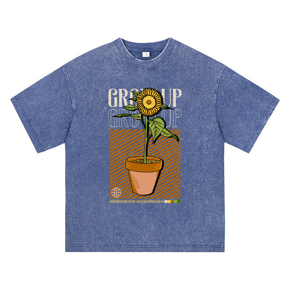 270GSM Heavy Cotton T-SHirt ACID Tees Washed Vintage T-Shirts Grow Up Sunflower DTG Print TShirts