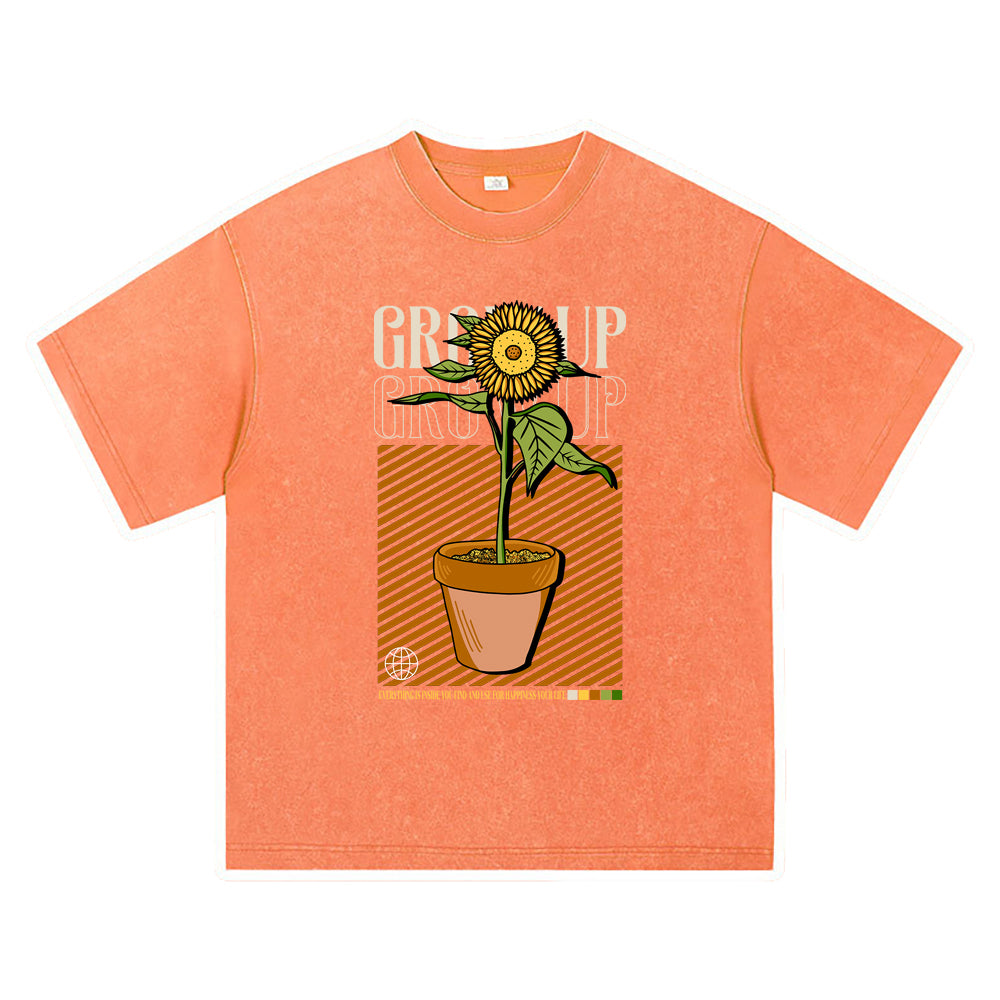 270GSM Heavy Cotton T-SHirt ACID Tees Washed Vintage T-Shirts Grow Up Sunflower DTG Print TShirts