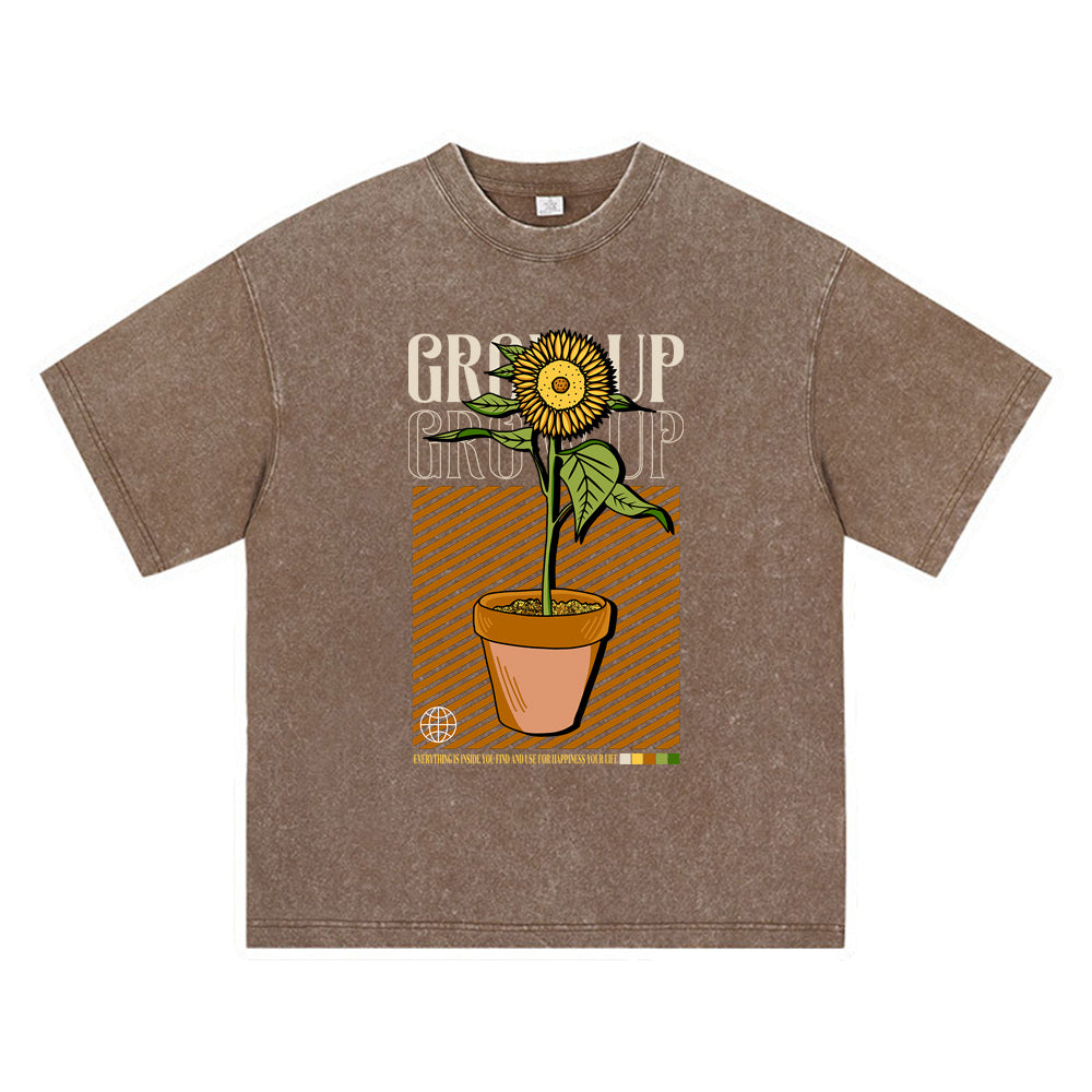 270GSM Heavy Cotton T-SHirt ACID Tees Washed Vintage T-Shirts Grow Up Sunflower DTG Print TShirts