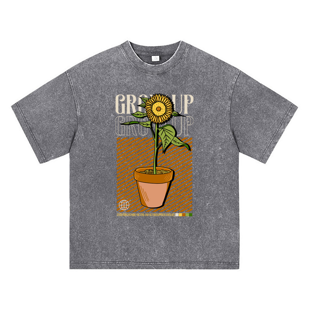 270GSM Heavy Cotton T-SHirt ACID Tees Washed Vintage T-Shirts Grow Up Sunflower DTG Print TShirts