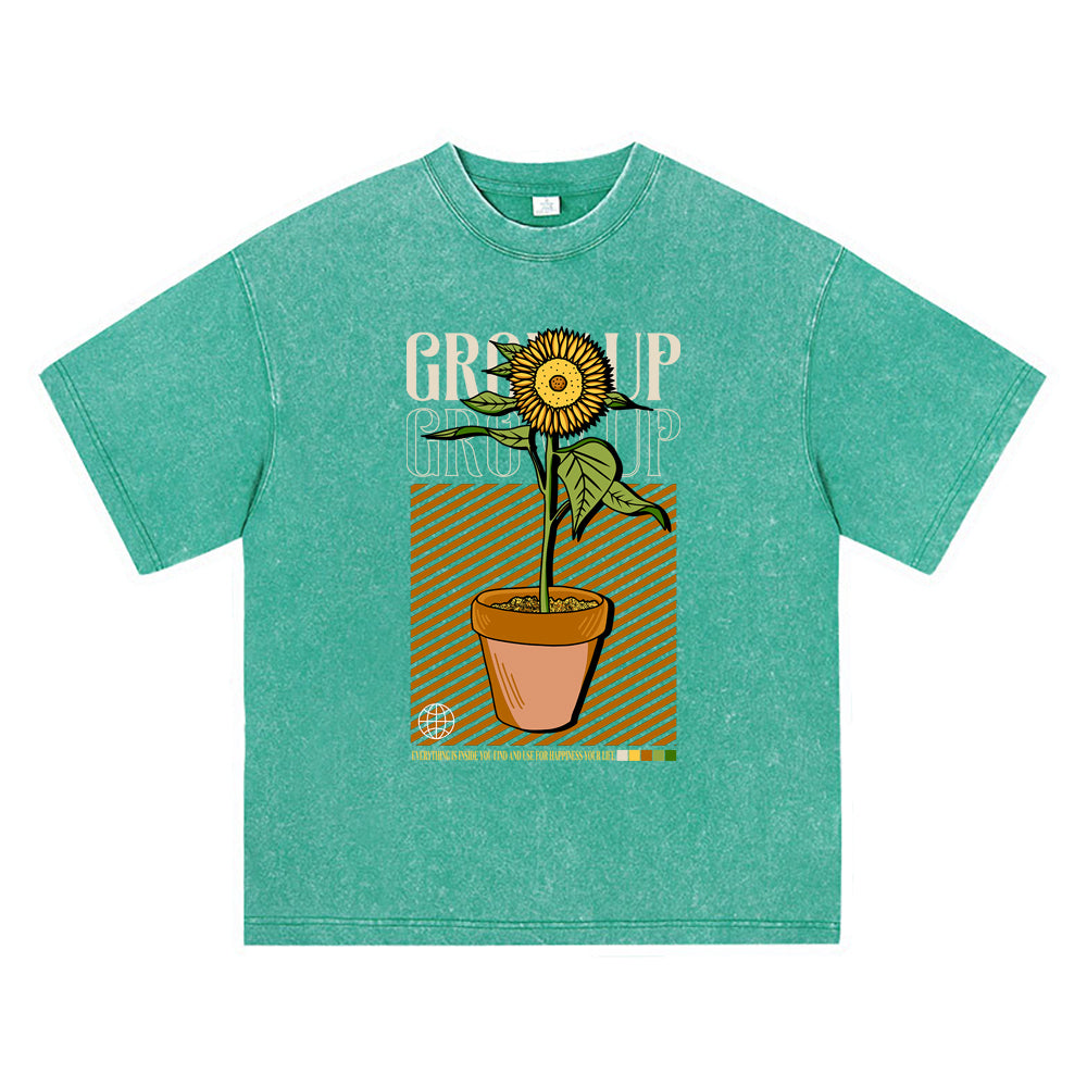 270GSM Heavy Cotton T-SHirt ACID Tees Washed Vintage T-Shirts Grow Up Sunflower DTG Print TShirts