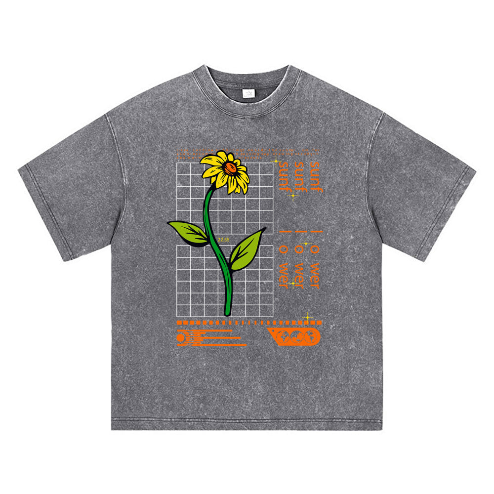 270GSM Heavy Cotton T-SHirt ACID Tees Washed Vintage T-Shirts Sunflower DTG Print TShirts