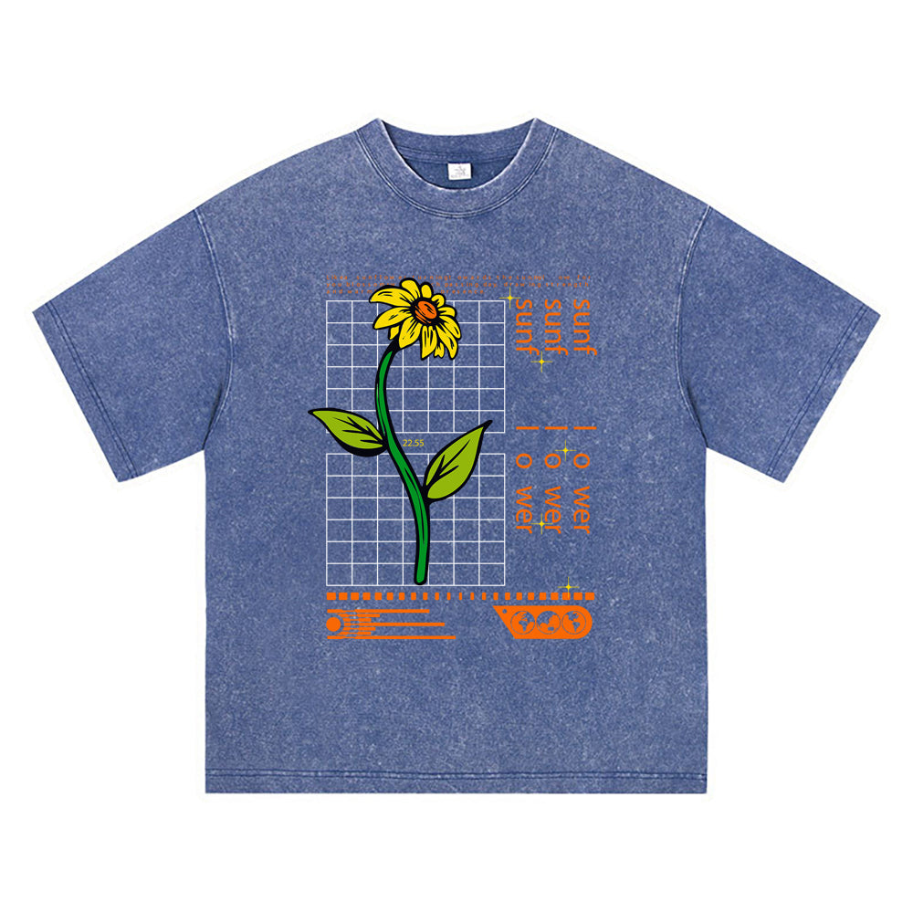 270GSM Heavy Cotton T-SHirt ACID Tees Washed Vintage T-Shirts Sunflower DTG Print TShirts