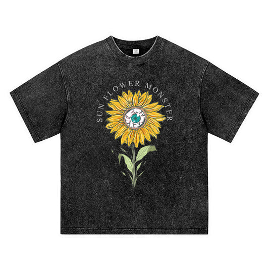 270GSM Heavy Cotton T-SHirt ACID Tees Washed Vintage T-Shirts Sunflower Monster Blooming With Eye DTG Print TShirts