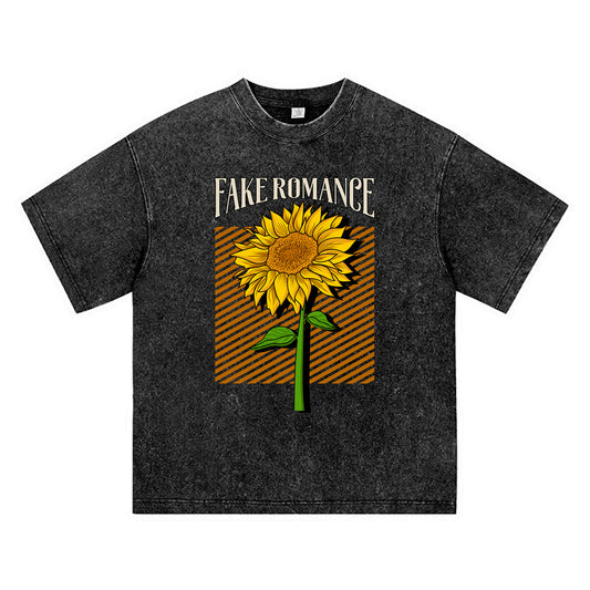 270GSM Heavy Cotton T-SHirt ACID Tees Washed Vintage T-Shirts Sunflower DTG Print TShirts