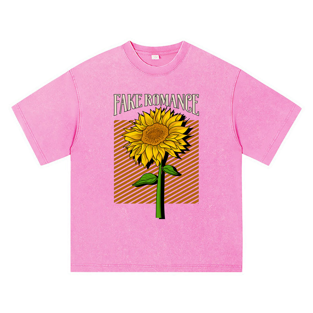 270GSM Heavy Cotton T-SHirt ACID Tees Washed Vintage T-Shirts Sunflower DTG Print TShirts