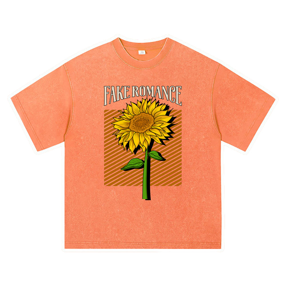 270GSM Heavy Cotton T-SHirt ACID Tees Washed Vintage T-Shirts Sunflower DTG Print TShirts