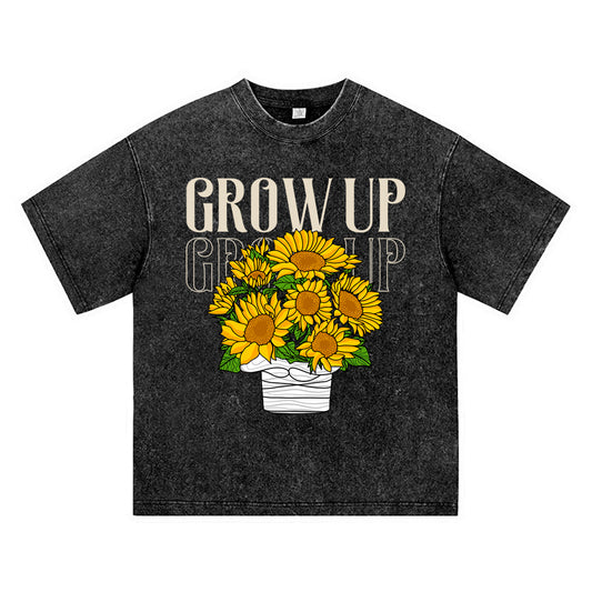 270GSM Heavy Cotton T-SHirt ACID Tees Washed Vintage T-Shirts Sunflower Grow Up DTG Print TShirts