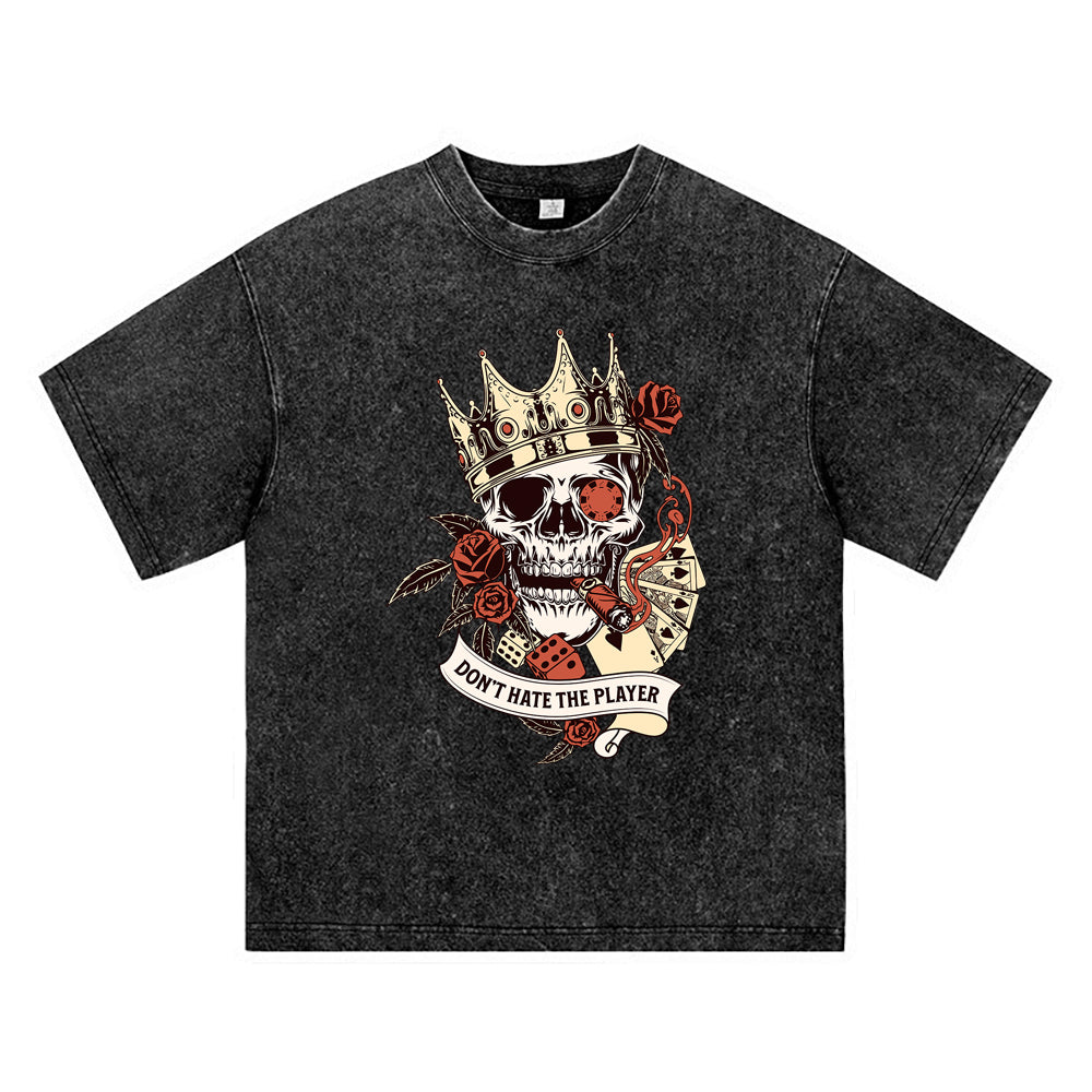 270GSM Heavy Cotton T-SHirt ACID Tees Washed Vintage T-Shirts Skull And Cards DTG Print TShirts